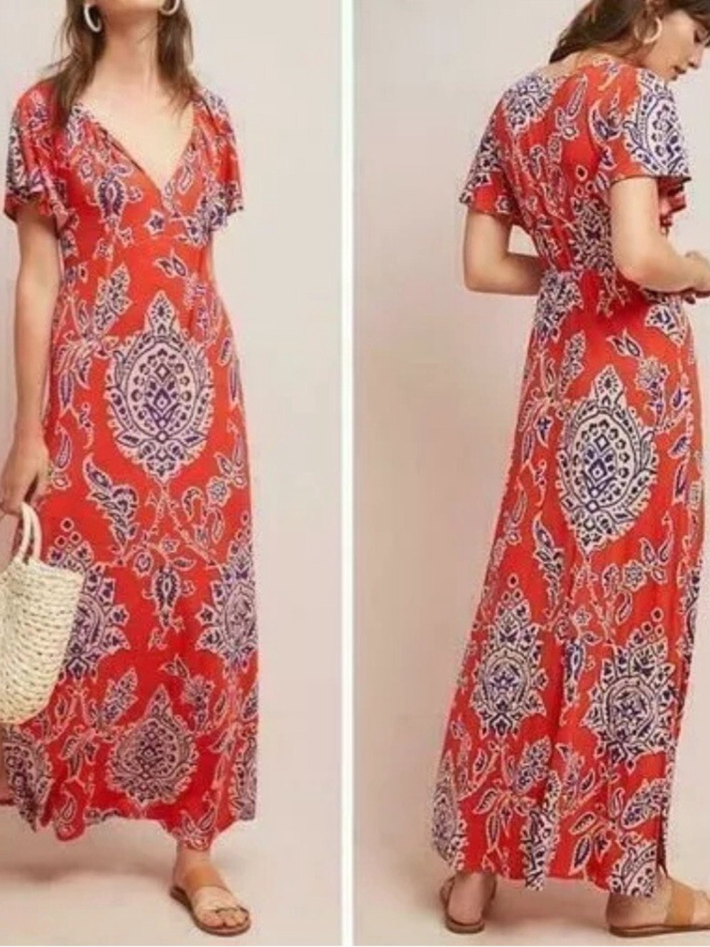 Anthropologie Akemi & Kin Red Paisley V-Neck Maxi Dress